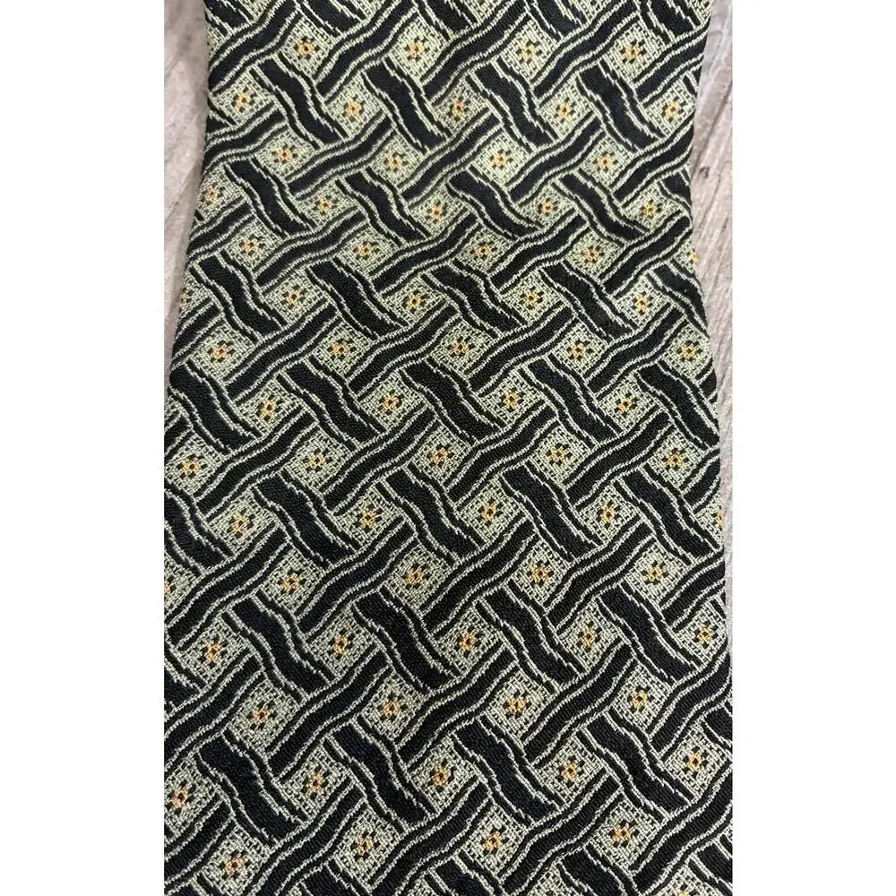 Hugo Boss Men's Silk Tie Green Gold Black Woven Geometric Basketweave Italy